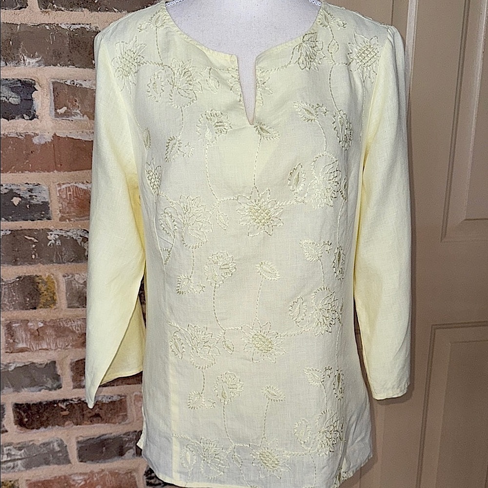 Saint Tropez West Pale Yellow Linen Embroidered Top Side Zip Sz L - Picture 9 of 9